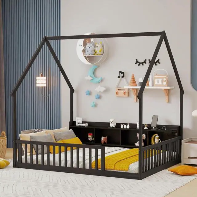 Main image of Twin/Full Size House Floor Bed with Storage Shelves, Built-in LED Lights & Charging Station, Cabin Bed with Roof Design and Safety Guardrails for Boys Girls Bedroom Guest Playroom (Espresso Full)