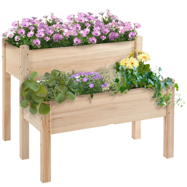 Alt view image 2 of 7 - Hassyee 2-Tier Raised Garden Bed with Gap Design and Drainage Holes for Growing Flowers, Plants, Outdoor Wooden Planter Box with Legs and Smooth Surface for Backyard, Lawn