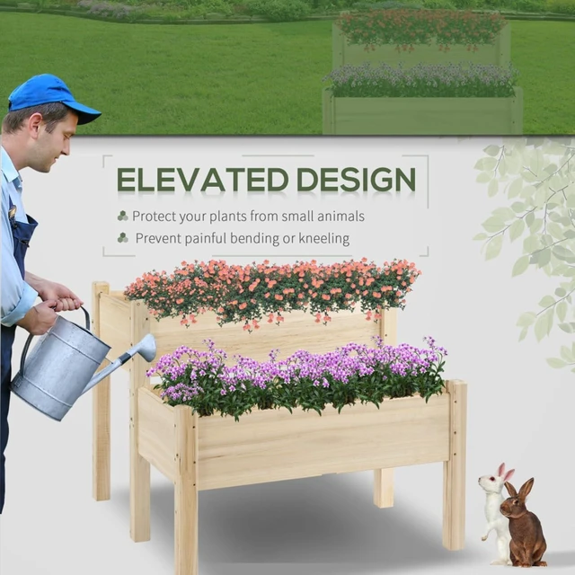 Alt view image 4 of 7 - Hassyee 2-Tier Raised Garden Bed with Gap Design and Drainage Holes for Growing Flowers, Plants, Outdoor Wooden Planter Box with Legs and Smooth Surface for Backyard, Lawn