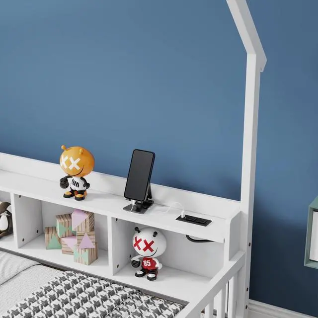 Alt view image 4 of 7 - Twin/Full Size House Floor Bed with Storage Shelves, Built-in LED Lights & Charging Station, Cabin Bed with Roof Design and Safety Guardrails for Boys Girls Bedroom Guest Playroom (White Full)