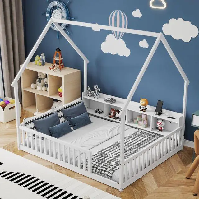 Alt view image 3 of 7 - Twin/Full Size House Floor Bed with Storage Shelves, Built-in LED Lights & Charging Station, Cabin Bed with Roof Design and Safety Guardrails for Boys Girls Bedroom Guest Playroom (White Full)