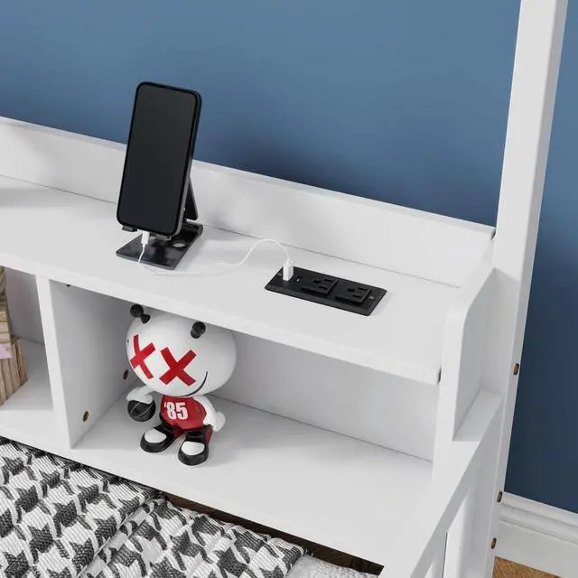 Alt view image 6 of 7 - Twin/Full Size House Floor Bed with Storage Shelves, Built-in LED Lights & Charging Station, Cabin Bed with Roof Design and Safety Guardrails for Boys Girls Bedroom Guest Playroom (White Full)