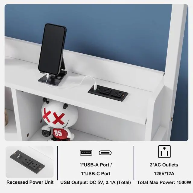 Alt view image 7 of 7 - Twin/Full Size House Floor Bed with Storage Shelves, Built-in LED Lights & Charging Station, Cabin Bed with Roof Design and Safety Guardrails for Boys Girls Bedroom Guest Playroom (White Full)