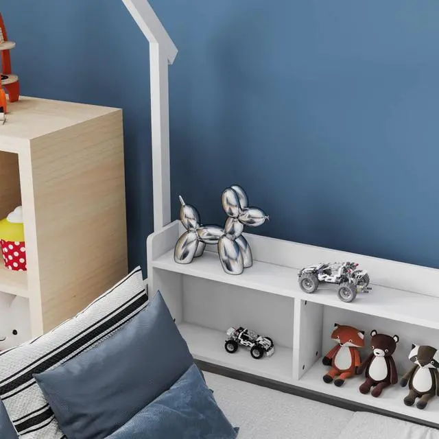 Alt view image 5 of 7 - Twin/Full Size House Floor Bed with Storage Shelves, Built-in LED Lights & Charging Station, Cabin Bed with Roof Design and Safety Guardrails for Boys Girls Bedroom Guest Playroom (White Full)