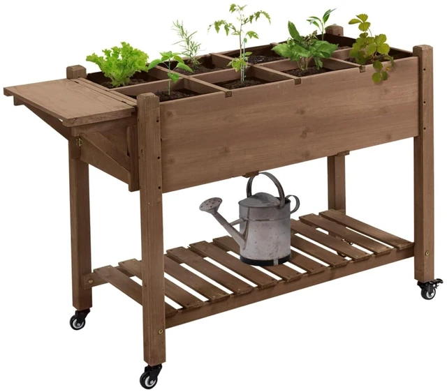 Alt view image 2 of 7 - Hassyee Wooden Raised Garden Bed with 8 Grow Grids and 4 Wheels for Growing Flowers, Herbs, Plants, Outdoor Elevated Planter Box with Storage Shelf and Drainage Holes for Backyard, Lawn