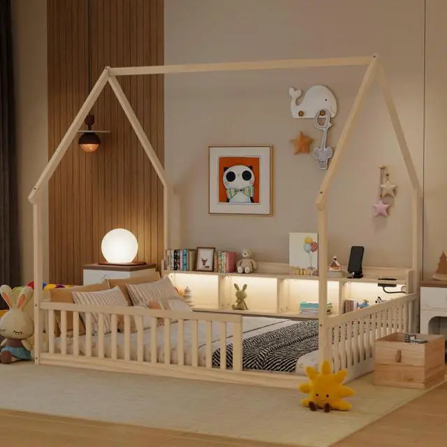 Main image of Twin/Full Size House Floor Bed with Storage Shelves, Built-in LED Lights & Charging Station, Cabin Bed with Roof Design and Safety Guardrails for Boys Girls Bedroom Guest Playroom (Natural Full)
