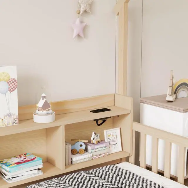 Alt view image 4 of 7 - Twin/Full Size House Floor Bed with Storage Shelves, Built-in LED Lights & Charging Station, Cabin Bed with Roof Design and Safety Guardrails for Boys Girls Bedroom Guest Playroom (Natural Full)