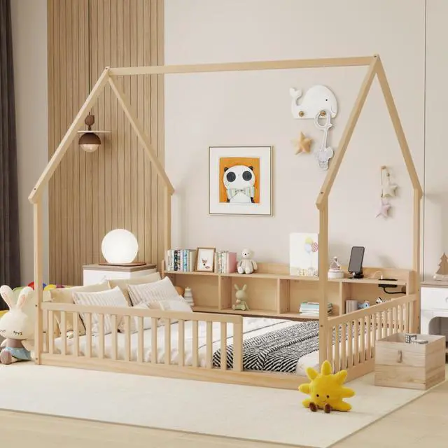 Alt view image 3 of 7 - Twin/Full Size House Floor Bed with Storage Shelves, Built-in LED Lights & Charging Station, Cabin Bed with Roof Design and Safety Guardrails for Boys Girls Bedroom Guest Playroom (Natural Full)