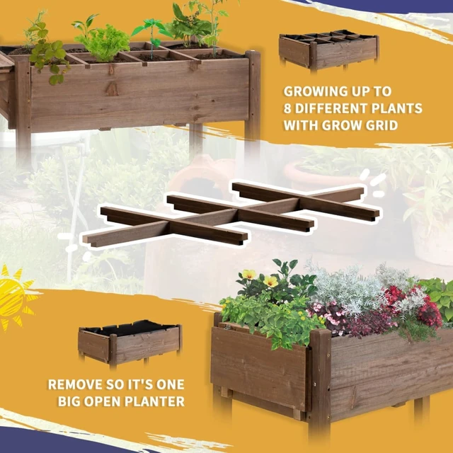 Alt view image 4 of 7 - Hassyee Wooden Raised Garden Bed with 8 Grow Grids and 4 Wheels for Growing Flowers, Herbs, Plants, Outdoor Elevated Planter Box with Storage Shelf and Drainage Holes for Backyard, Lawn