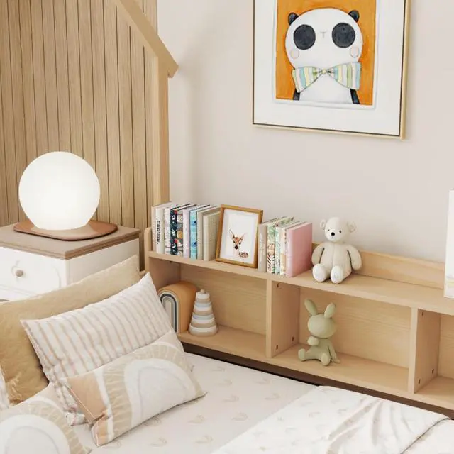 Alt view image 5 of 7 - Twin/Full Size House Floor Bed with Storage Shelves, Built-in LED Lights & Charging Station, Cabin Bed with Roof Design and Safety Guardrails for Boys Girls Bedroom Guest Playroom (Natural Full)