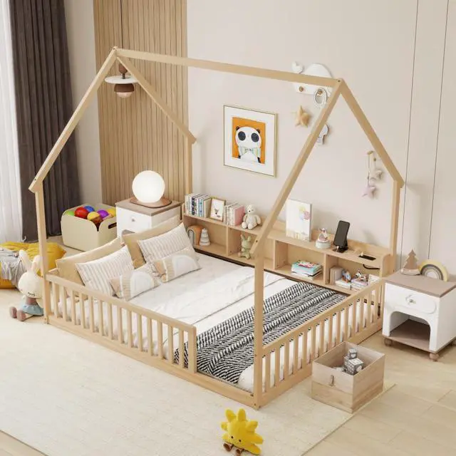 Alt view image 2 of 7 - Twin/Full Size House Floor Bed with Storage Shelves, Built-in LED Lights & Charging Station, Cabin Bed with Roof Design and Safety Guardrails for Boys Girls Bedroom Guest Playroom (Natural Full)