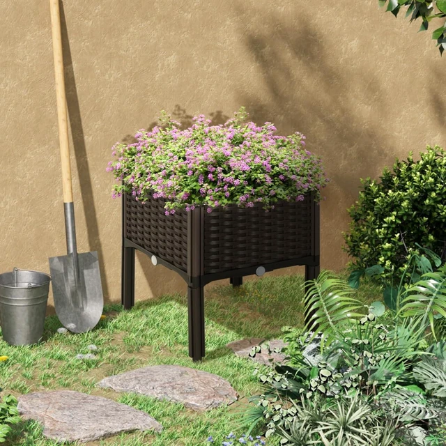 Alt view image 2 of 7 - Hassyee Plastic Raised Garden Bed with Legs and Drainage Holes for Backyard, Lawn, Outdoor Planter Box with Self-Watering Disk for Growing Flowers, Plants, Vegetables