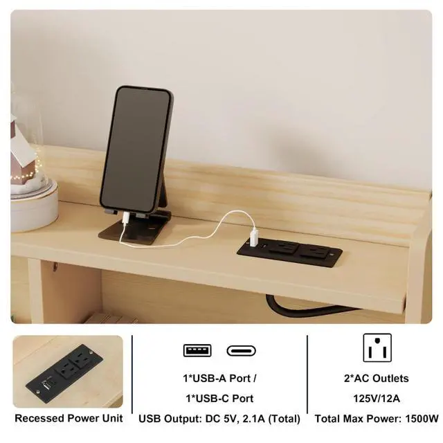 Alt view image 7 of 7 - Twin/Full Size House Floor Bed with Storage Shelves, Built-in LED Lights & Charging Station, Cabin Bed with Roof Design and Safety Guardrails for Boys Girls Bedroom Guest Playroom (Natural Full)