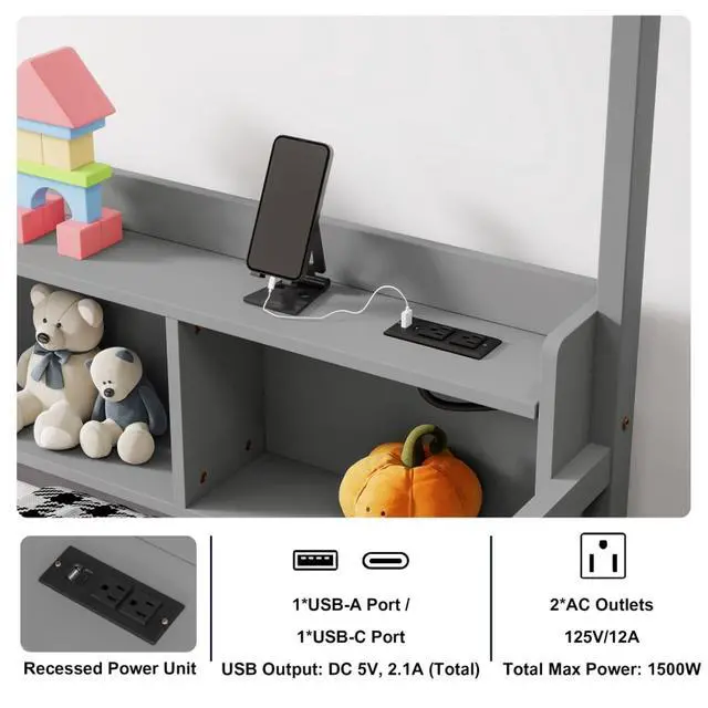 Alt view image 4 of 7 - Hassyee Twin/Full Size House Floor Bed with Storage Shelves, Built-in LED Lights & Charging Station, Cabin Bed with Roof Design and Safety Guardrails for Boys Girls Bedroom Guest Playroom (Grey Full)