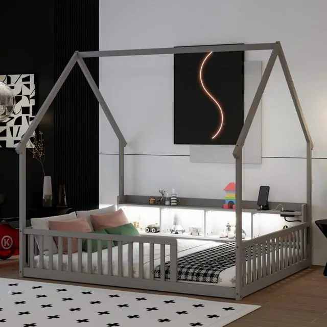 Alt view image 2 of 7 - Hassyee Twin/Full Size House Floor Bed with Storage Shelves, Built-in LED Lights & Charging Station, Cabin Bed with Roof Design and Safety Guardrails for Boys Girls Bedroom Guest Playroom (Grey Full)