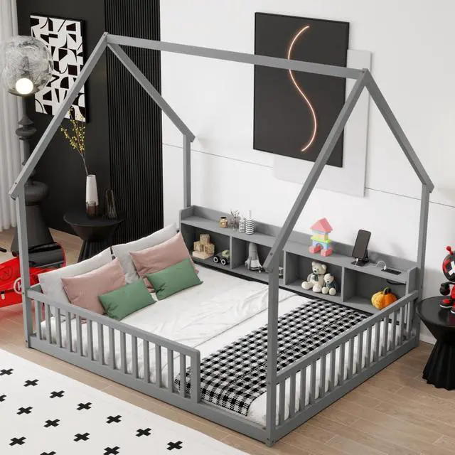 Alt view image 3 of 7 - Hassyee Twin/Full Size House Floor Bed with Storage Shelves, Built-in LED Lights & Charging Station, Cabin Bed with Roof Design and Safety Guardrails for Boys Girls Bedroom Guest Playroom (Grey Full)