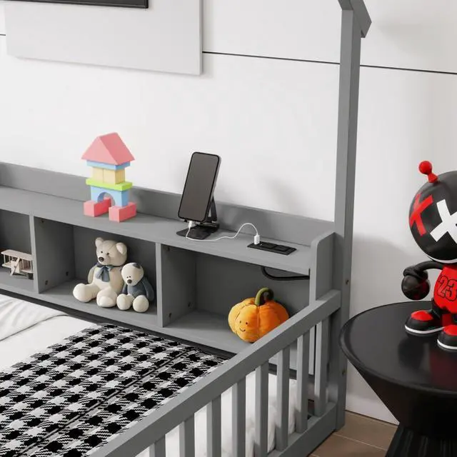 Alt view image 5 of 7 - Hassyee Twin/Full Size House Floor Bed with Storage Shelves, Built-in LED Lights & Charging Station, Cabin Bed with Roof Design and Safety Guardrails for Boys Girls Bedroom Guest Playroom (Grey Full)
