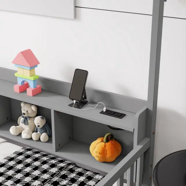 Alt view image 6 of 7 - Hassyee Twin/Full Size House Floor Bed with Storage Shelves, Built-in LED Lights & Charging Station, Cabin Bed with Roof Design and Safety Guardrails for Boys Girls Bedroom Guest Playroom (Grey Full)