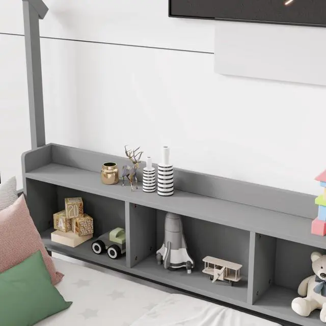 Alt view image 7 of 7 - Hassyee Twin/Full Size House Floor Bed with Storage Shelves, Built-in LED Lights & Charging Station, Cabin Bed with Roof Design and Safety Guardrails for Boys Girls Bedroom Guest Playroom (Grey Full)