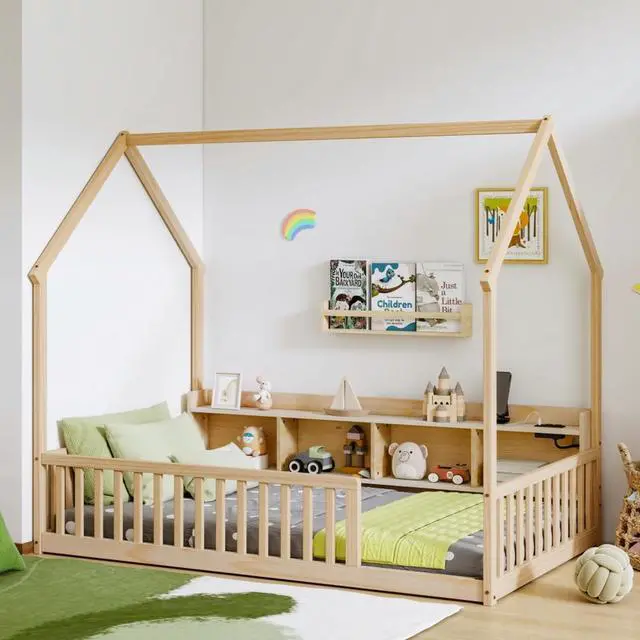 Main image of Twin/Full Size House Floor Bed with Storage Shelves, Built-in LED Lights & Charging Station, Cabin Bed with Roof Design and Safety Guardrails for Boys Girls Bedroom Guest Playroom (Natural Twin)