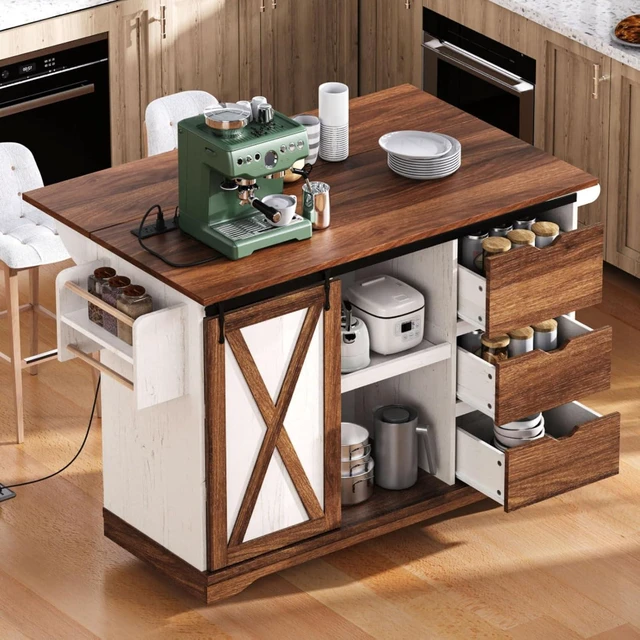 Main image of Hassyee 55.5" Farmhouse Kitchen Island with Drop Leaf, Kitchen Storage Island with Barn Door, Power Outlet, Rolling Kitchen Cart on Wheels with Spice Rack, for Home, Kitchen, Dining Room
