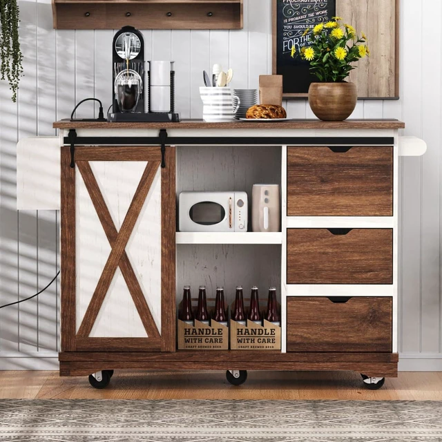 Alt view image 2 of 7 - Hassyee 55.5" Farmhouse Kitchen Island with Drop Leaf, Kitchen Storage Island with Barn Door, Power Outlet, Rolling Kitchen Cart on Wheels with Spice Rack, for Home, Kitchen, Dining Room