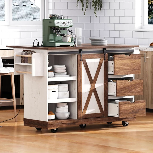 Alt view image 4 of 7 - Hassyee 55.5" Farmhouse Kitchen Island with Drop Leaf, Kitchen Storage Island with Barn Door, Power Outlet, Rolling Kitchen Cart on Wheels with Spice Rack, for Home, Kitchen, Dining Room