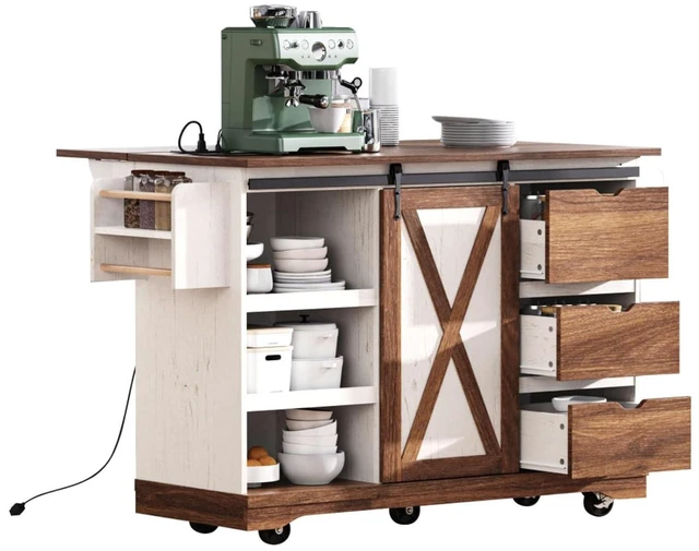 Alt view image 7 of 7 - Hassyee 55.5" Farmhouse Kitchen Island with Drop Leaf, Kitchen Storage Island with Barn Door, Power Outlet, Rolling Kitchen Cart on Wheels with Spice Rack, for Home, Kitchen, Dining Room