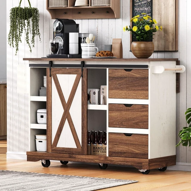Alt view image 3 of 7 - Hassyee 55.5" Farmhouse Kitchen Island with Drop Leaf, Kitchen Storage Island with Barn Door, Power Outlet, Rolling Kitchen Cart on Wheels with Spice Rack, for Home, Kitchen, Dining Room