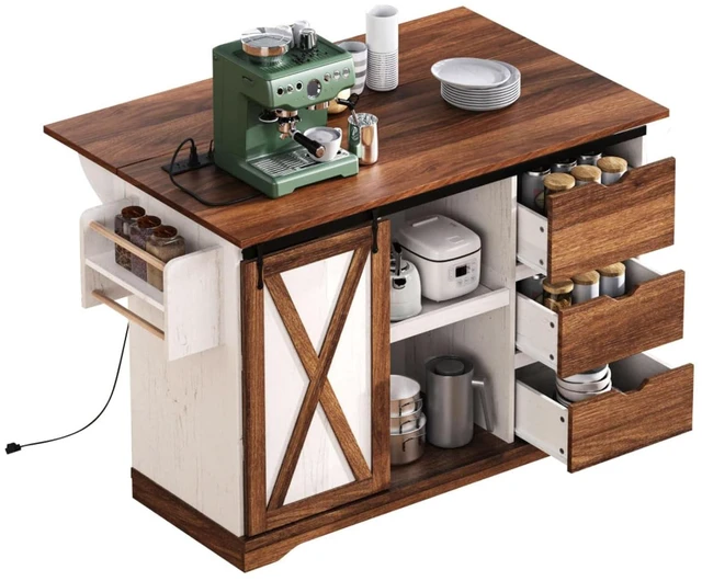 Alt view image 6 of 7 - Hassyee 55.5" Farmhouse Kitchen Island with Drop Leaf, Kitchen Storage Island with Barn Door, Power Outlet, Rolling Kitchen Cart on Wheels with Spice Rack, for Home, Kitchen, Dining Room