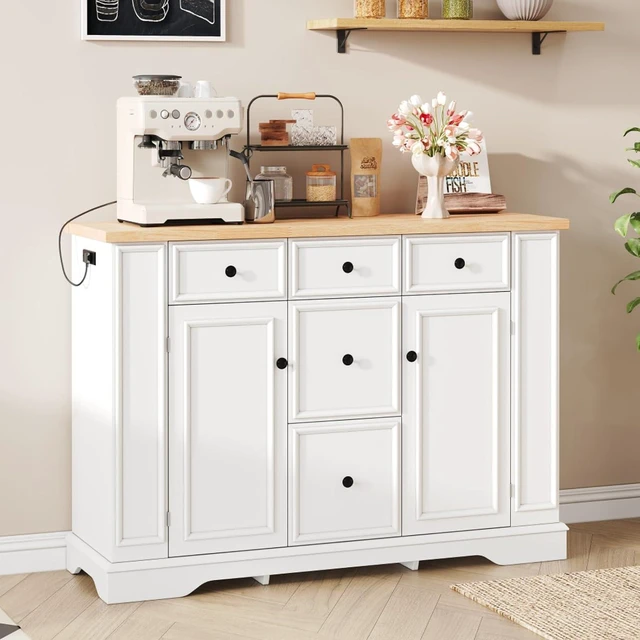 Alt view image 2 of 7 - Hassyee Fixed Kitchen Island with Storage Space, Kitchen Console Table with 5 Drawers, 2 Cabinets, Adjustable Shelves, Buffet Server for Dining Room, Living Room, Entryway (White)