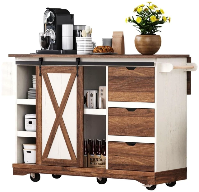 Alt view image 5 of 7 - Hassyee 55.5" Farmhouse Kitchen Island with Drop Leaf, Kitchen Storage Island with Barn Door, Power Outlet, Rolling Kitchen Cart on Wheels with Spice Rack, for Home, Kitchen, Dining Room