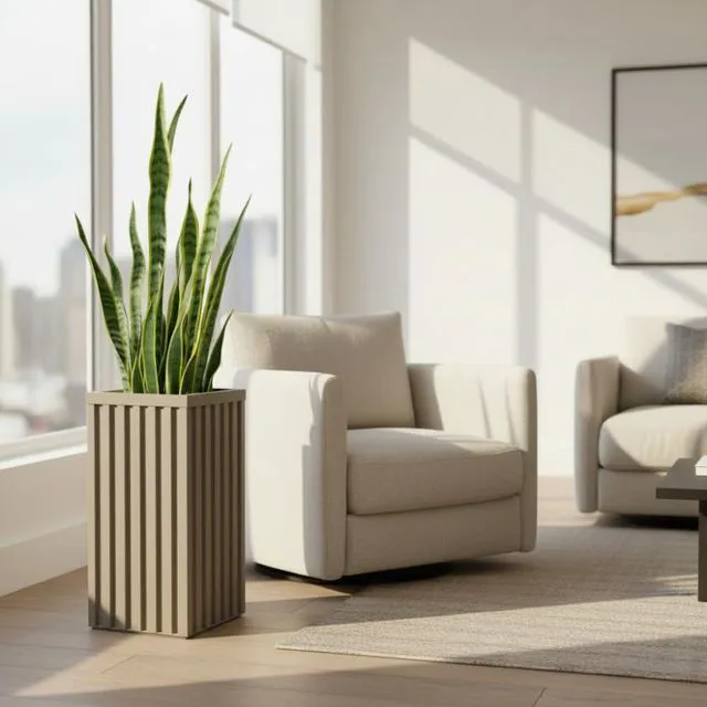 Main image of Hassyee Square Grove Column Planter with Internal Tray and Wood-Like Surface for Backyard, Lawn, Outdoor Flower Pot with Lightweight Aluminum Frame for Growing Flowers, Plants (Brown Grey)
