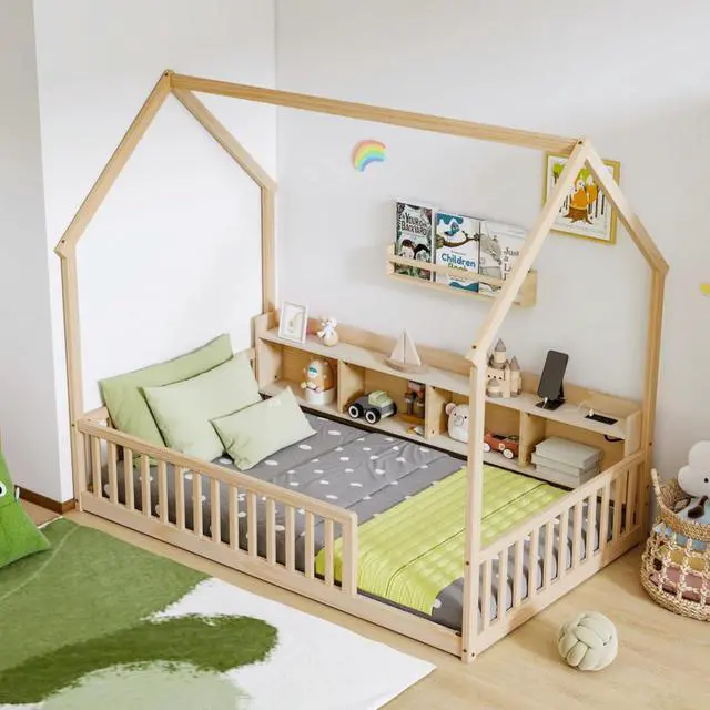Alt view image 3 of 7 - Twin/Full Size House Floor Bed with Storage Shelves, Built-in LED Lights & Charging Station, Cabin Bed with Roof Design and Safety Guardrails for Boys Girls Bedroom Guest Playroom (Natural Twin)