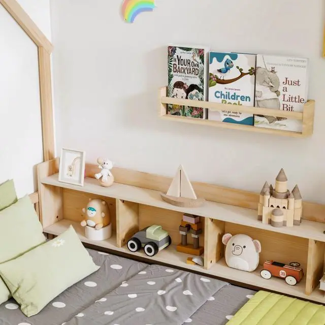 Alt view image 4 of 7 - Twin/Full Size House Floor Bed with Storage Shelves, Built-in LED Lights & Charging Station, Cabin Bed with Roof Design and Safety Guardrails for Boys Girls Bedroom Guest Playroom (Natural Twin)