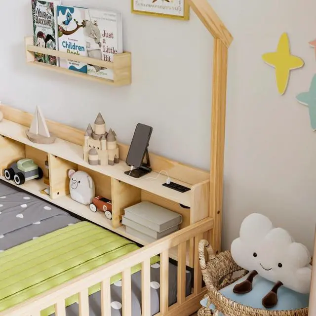 Alt view image 5 of 7 - Twin/Full Size House Floor Bed with Storage Shelves, Built-in LED Lights & Charging Station, Cabin Bed with Roof Design and Safety Guardrails for Boys Girls Bedroom Guest Playroom (Natural Twin)