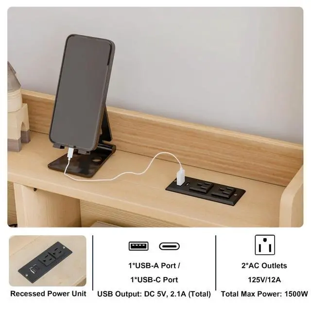Alt view image 7 of 7 - Twin/Full Size House Floor Bed with Storage Shelves, Built-in LED Lights & Charging Station, Cabin Bed with Roof Design and Safety Guardrails for Boys Girls Bedroom Guest Playroom (Natural Twin)