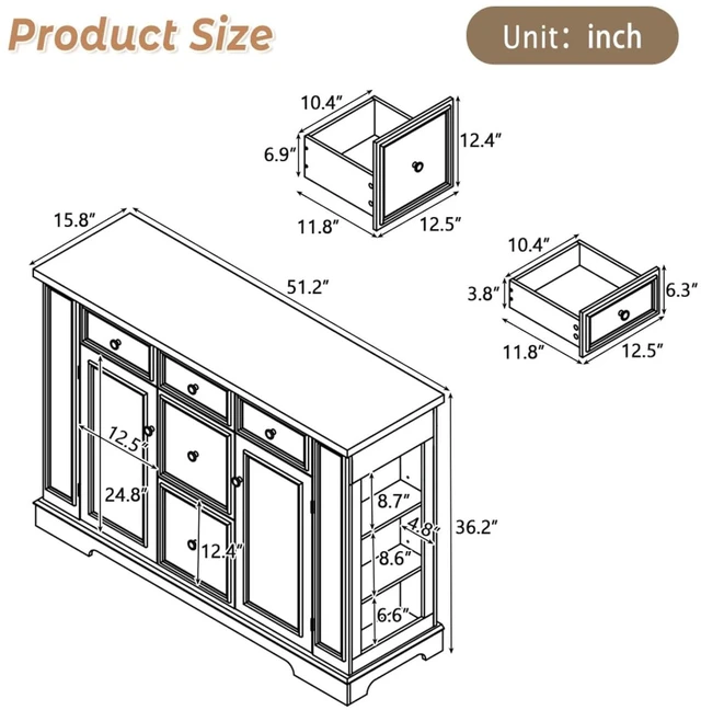 Alt view image 3 of 7 - Hassyee Fixed Kitchen Island with Storage Space, Kitchen Console Table with 5 Drawers, 2 Cabinets, Adjustable Shelves, Buffet Server for Dining Room, Living Room, Entryway (White)