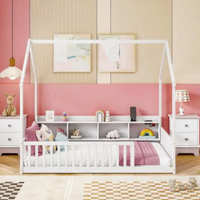Alt view image 3 of 7 - Twin/Full Size House Floor Bed with Storage Shelves, Built-in LED Lights & Charging Station, Cabin Bed with Roof Design and Safety Guardrails for Boys Girls Bedroom Guest Playroom (White Twin)