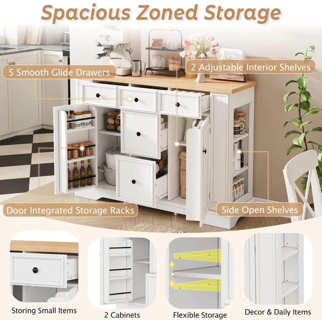Alt view image 4 of 7 - Hassyee Fixed Kitchen Island with Storage Space, Kitchen Console Table with 5 Drawers, 2 Cabinets, Adjustable Shelves, Buffet Server for Dining Room, Living Room, Entryway (White)