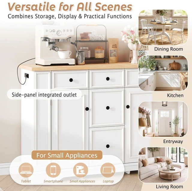 Alt view image 5 of 7 - Hassyee Fixed Kitchen Island with Storage Space, Kitchen Console Table with 5 Drawers, 2 Cabinets, Adjustable Shelves, Buffet Server for Dining Room, Living Room, Entryway (White)