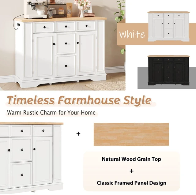Alt view image 6 of 7 - Hassyee Fixed Kitchen Island with Storage Space, Kitchen Console Table with 5 Drawers, 2 Cabinets, Adjustable Shelves, Buffet Server for Dining Room, Living Room, Entryway (White)