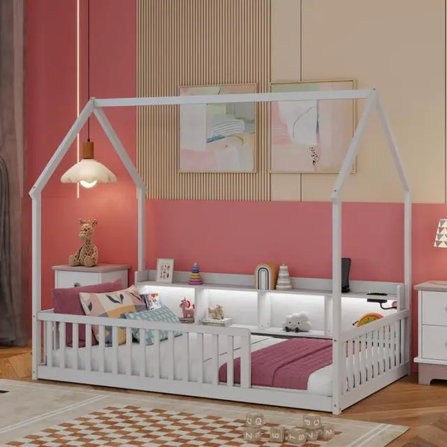 Main image of Twin/Full Size House Floor Bed with Storage Shelves, Built-in LED Lights & Charging Station, Cabin Bed with Roof Design and Safety Guardrails for Boys Girls Bedroom Guest Playroom (White Twin)