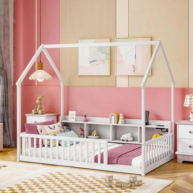 Alt view image 4 of 7 - Twin/Full Size House Floor Bed with Storage Shelves, Built-in LED Lights & Charging Station, Cabin Bed with Roof Design and Safety Guardrails for Boys Girls Bedroom Guest Playroom (White Twin)