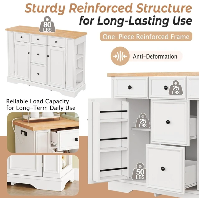 Alt view image 7 of 7 - Hassyee Fixed Kitchen Island with Storage Space, Kitchen Console Table with 5 Drawers, 2 Cabinets, Adjustable Shelves, Buffet Server for Dining Room, Living Room, Entryway (White)