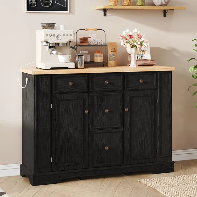 Alt view image 2 of 7 - Hassyee Fixed Kitchen Island with Storage Space, Kitchen Console Table with 5 Drawers, 2 Cabinets, Adjustable Shelves, Buffet Server for Dining Room, Living Room, Entryway (Black)