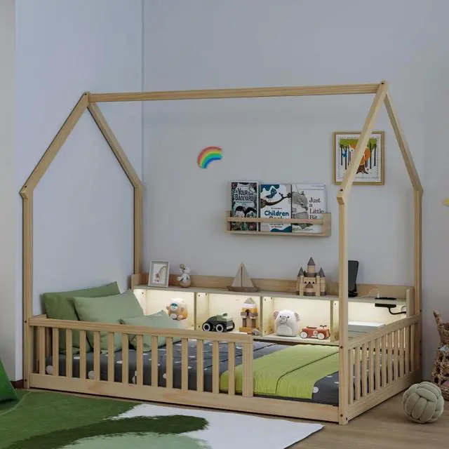 Alt view image 2 of 7 - Twin/Full Size House Floor Bed with Storage Shelves, Built-in LED Lights & Charging Station, Cabin Bed with Roof Design and Safety Guardrails for Boys Girls Bedroom Guest Playroom (Natural Twin)