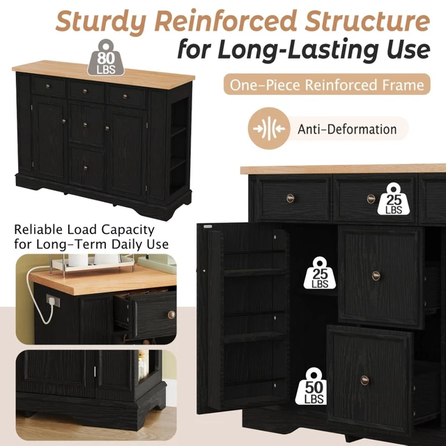 Alt view image 6 of 7 - Hassyee Fixed Kitchen Island with Storage Space, Kitchen Console Table with 5 Drawers, 2 Cabinets, Adjustable Shelves, Buffet Server for Dining Room, Living Room, Entryway (Black)