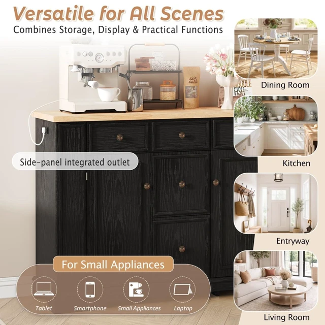 Alt view image 5 of 7 - Hassyee Fixed Kitchen Island with Storage Space, Kitchen Console Table with 5 Drawers, 2 Cabinets, Adjustable Shelves, Buffet Server for Dining Room, Living Room, Entryway (Black)