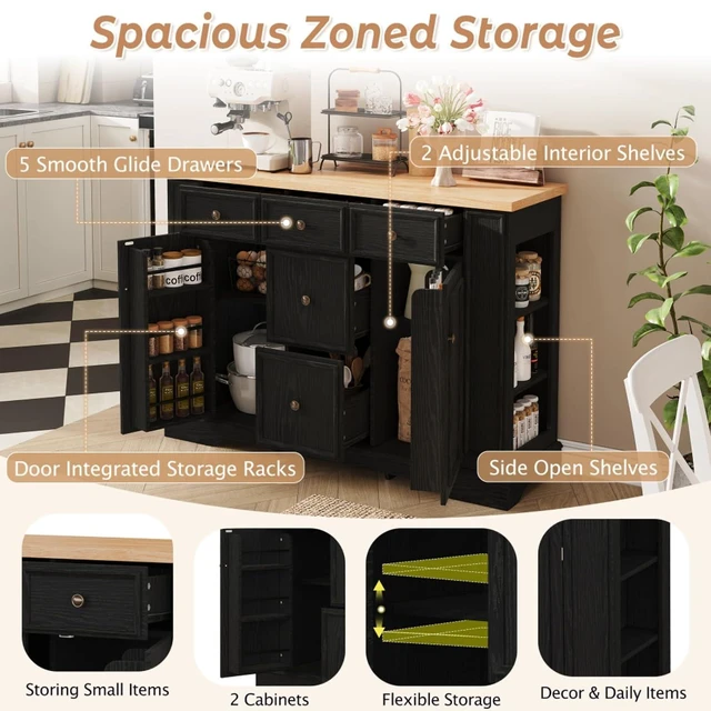 Alt view image 4 of 7 - Hassyee Fixed Kitchen Island with Storage Space, Kitchen Console Table with 5 Drawers, 2 Cabinets, Adjustable Shelves, Buffet Server for Dining Room, Living Room, Entryway (Black)